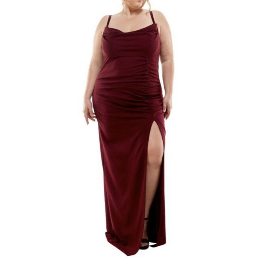 Emerald Sundae Womenβs Red Trendy Plus Size Cowlneck Side-ruched Maxi Dress 18